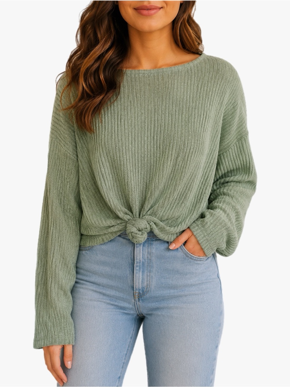 IRIS Plush Ribbed Knit Knot Front Long Sleeve Top Sage Green Pullover Size Large